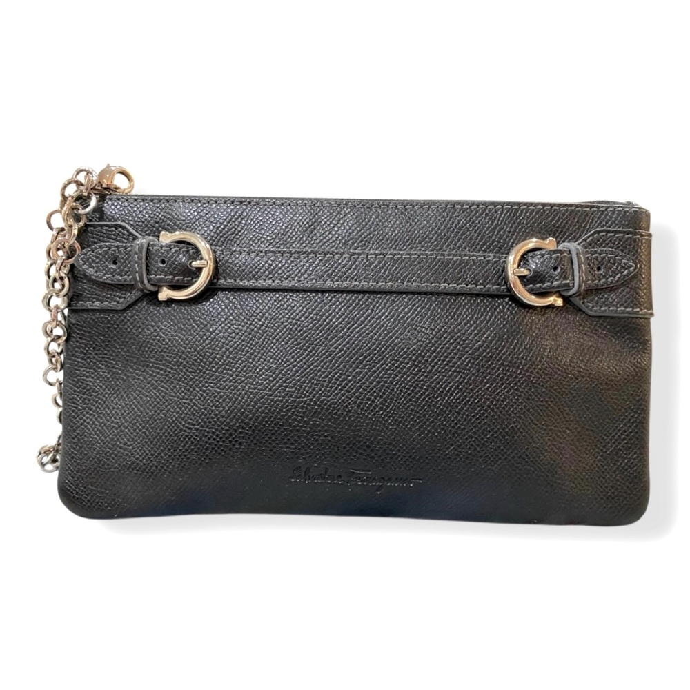 Salvatore Ferragamo Black Leather Wristlet Small Clutch Pouch Wallet